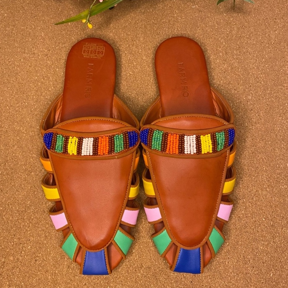 Farm Rio Sandals Mule Rust Rainbow Beaded Size 7.5